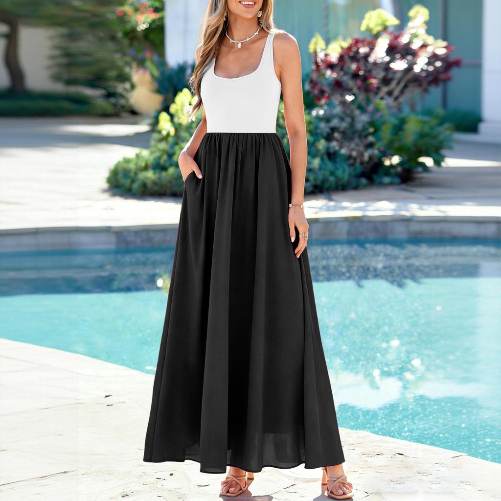 Damen-Farbblock-Sommer-Freizeit- und Mode-Ärmelloses langes Kleid