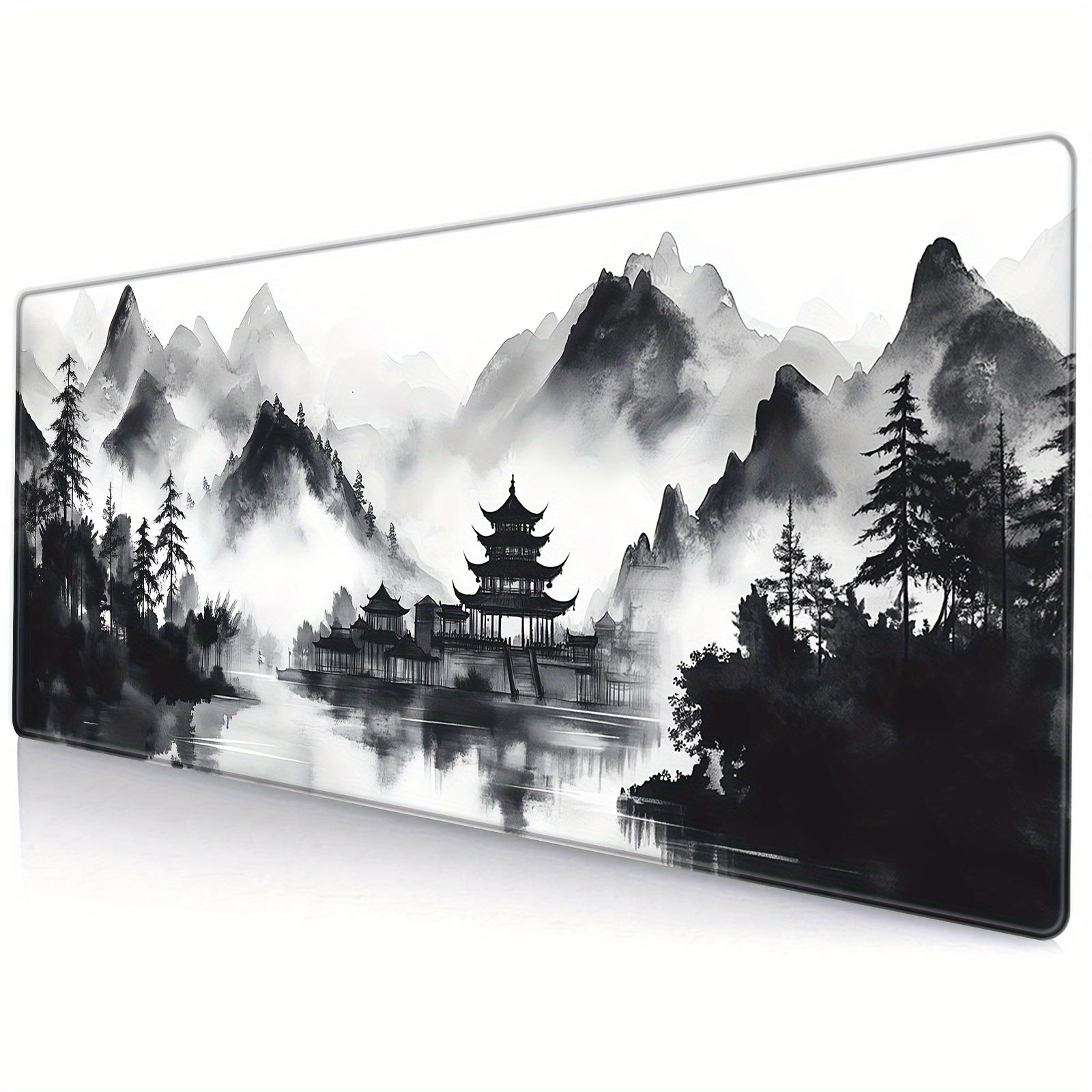 Übergroßes Chinesisches Landschafts-Mauspad Schwarz Weiß Rutschfeste Schreibtischmatte für Gaming Büro 800X300x2mm gray