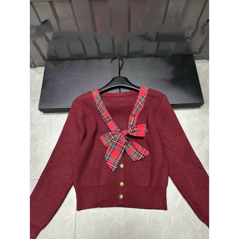 Saint Family - 2025 Autumn/Winter Plaid Bow V-Neck Knit Cardigan with Brooch: Age-Reducing, Loose, Versatile Top.