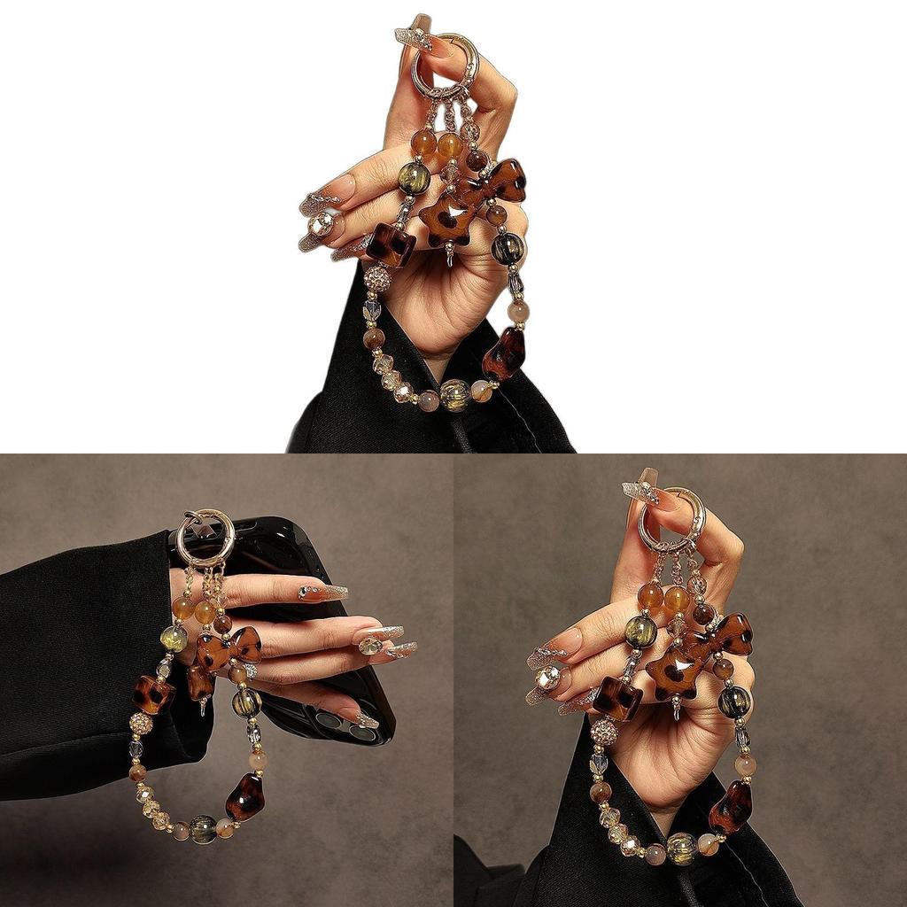 Fashion Vintage Leopard Print Beaded Phone Lanyard With Crystal Waterfall For Women And Men