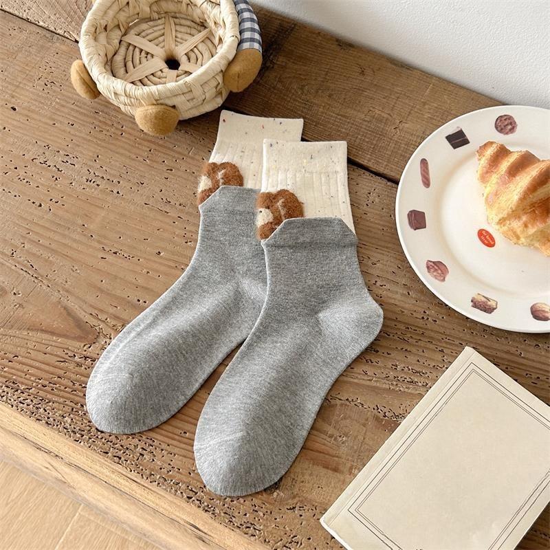 

Женские осенне-зимние носки из пряжи нового цвета с мультяшным животным, связанные методом фьюзинга, с трубчатым ворсом 1 pair светло-серый