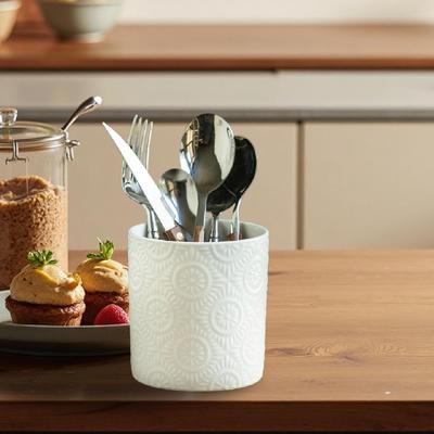 Ceramic Utensil Holder Embossed Storage Silverware Container Home Crock Desktop Organizer