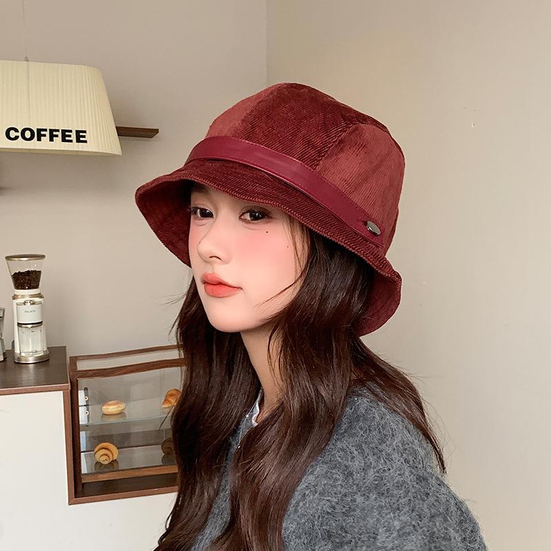 New Retro Corduroy Fisherman Hat Autumn and Winter Style Face Showing Small Basin Hat Hepburn Style Versatile Bucket Hat for Women
