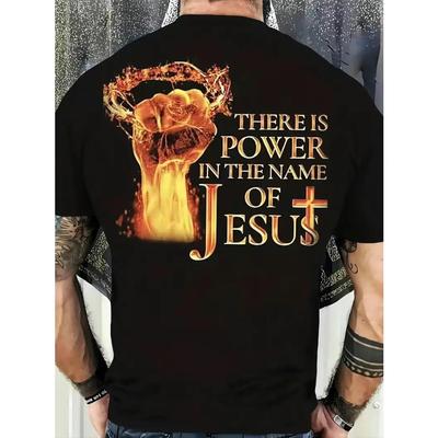 PLUS SIZE "IN THE NAME OF JESUS" Letters Print Casual Crew Neck Short Sleeves for Men, Quick-drying Comfy Casual Summer T-Shirt For Daily