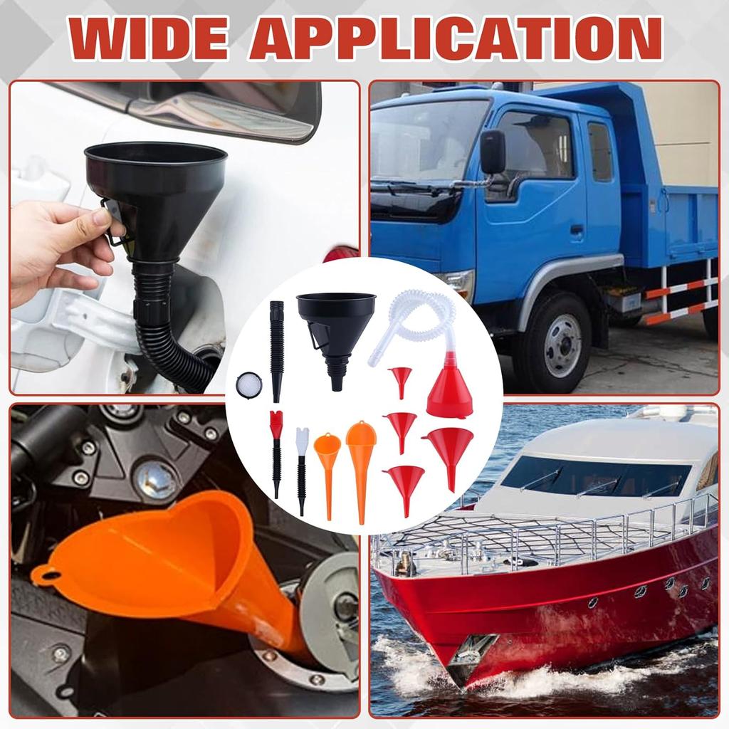 Kunststoff-Öltrichter für den Automobilgebrauch Set mit 10 Stück, Flexibler Auto-Trichter mit Schlauch Große Öffnung Flexibler Ölwechsel-Trichter Langer Hals Rechter Winkel