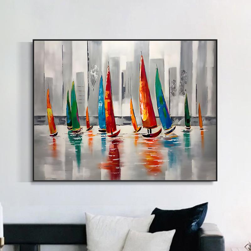 Abstract Sailboat City Landscape Poster Canvas Oil Painting Vintage Wall Art Picture Print For Modern Living Room Home Decor