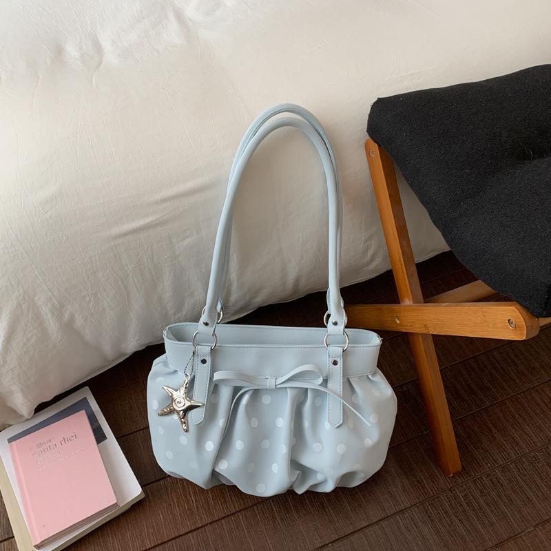 Polka Dot Ruched Shoulder Bag With Star Pendant Women Bow Decor Large Capacity Hobo Bag Retro Versatile Handbag For Daily Commut