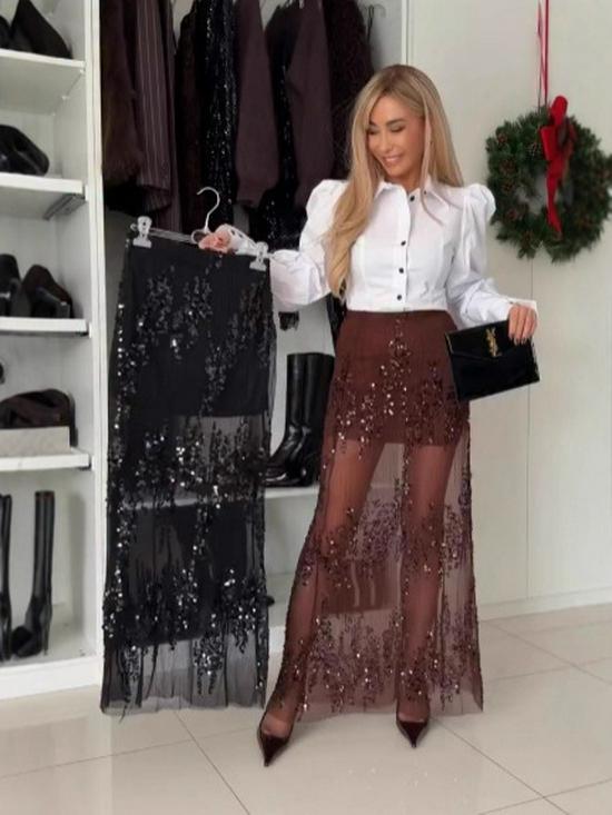 European & American Red Sequin Mesh Skirt - Elegant, Sexy, Hip-Hugging Slim Fit (2025)