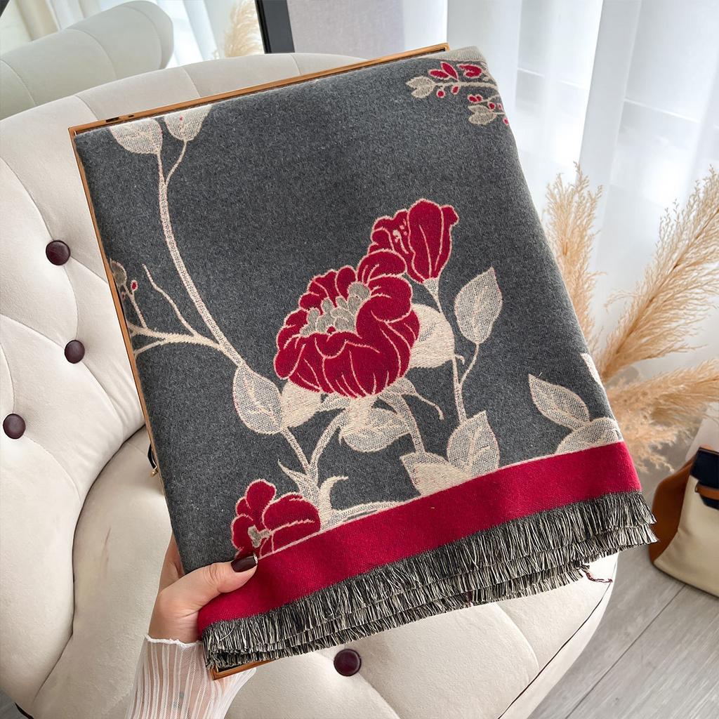 Autumn and Winter New Imitation Cashmere Plant Flower Print Scarf Women's Autumn Warm Thickened Outer Shawl Scarf
