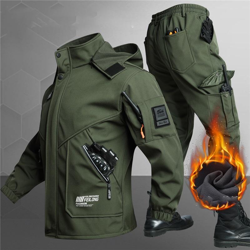 Wear-resistant Jacket Autumn And Winter Plus Velvet Cold Warmth Army Green Outdoor Overalls Suit Men's Water Jacket