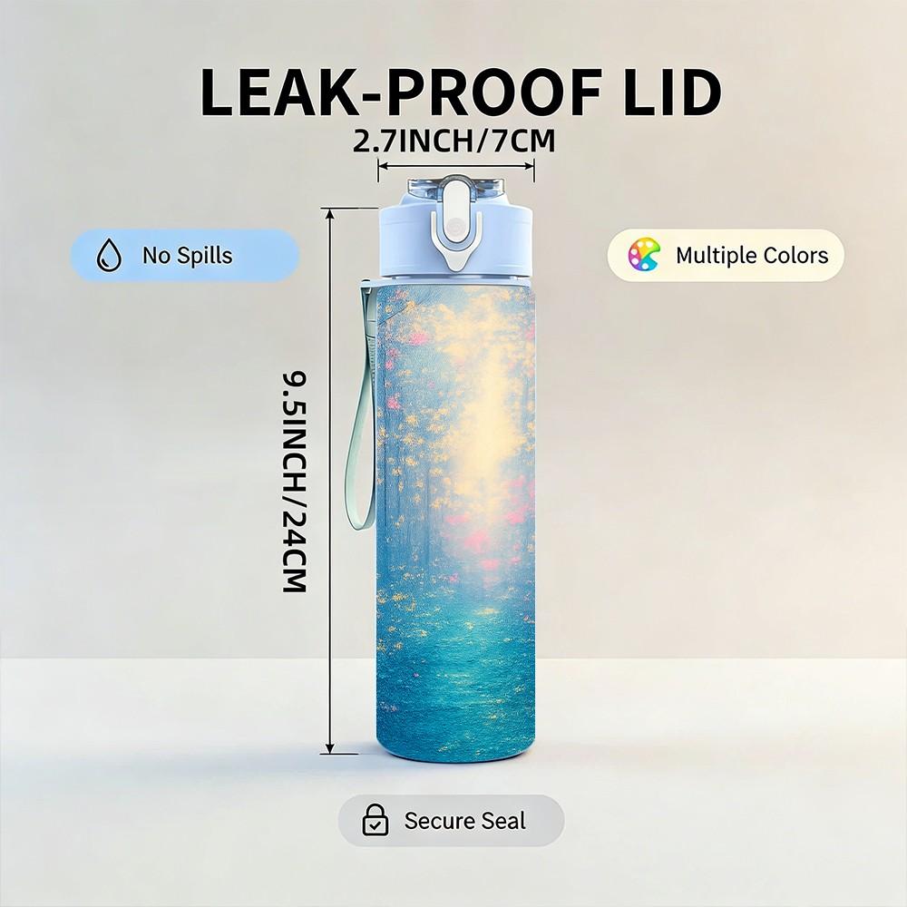 1PC Magical Misty Blue Forest Scenery Print 750ml Color Plastic Sports Water Bottle Leakproof Flip Straw Lid Suitable for Sports Office Home Use