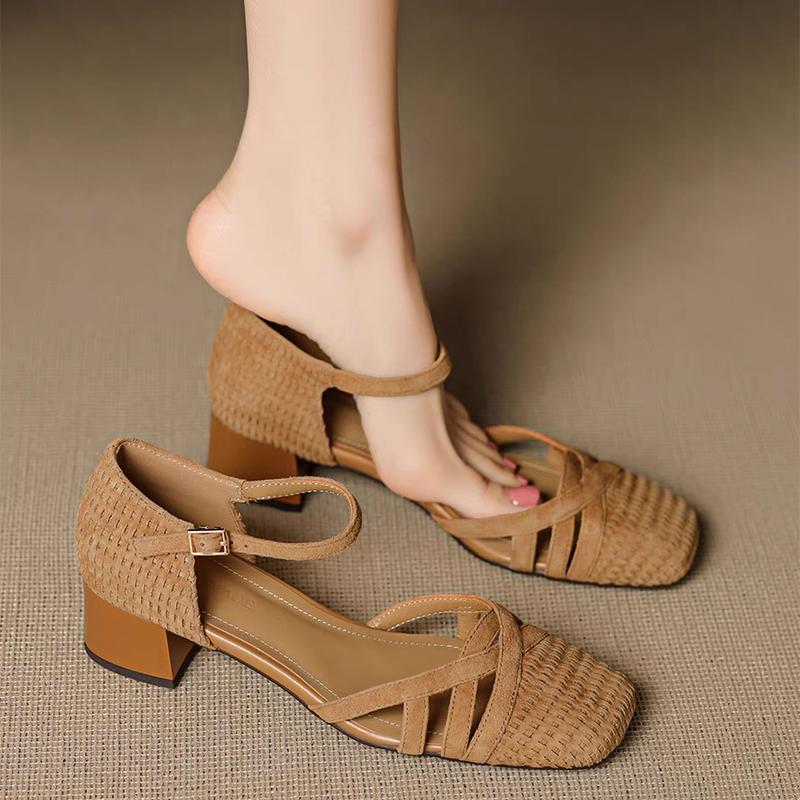 Fashion Retro Weave High Heel Sandals Women 2025 Summer Square Toe Ankle Strap Beach Shoes Roman Closed Toe Square Heels Casual Shoes