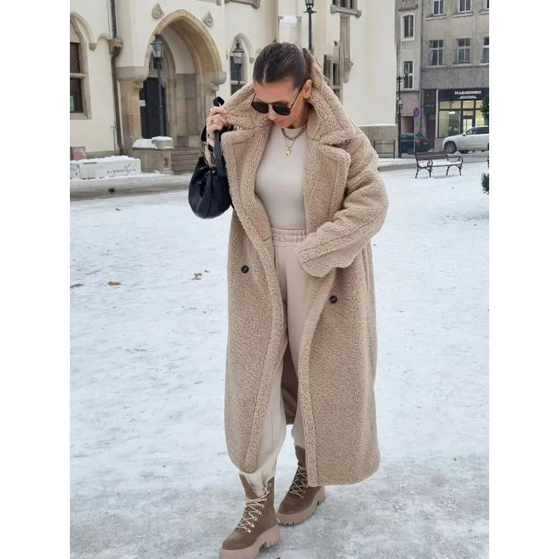 Vintage Teddy Dlouhý kabát Dámské Podzim Zima Klopa Elegantní Dlouhý rukáv Dvouřadá Velká bunda Dámská Kabát Street Blend