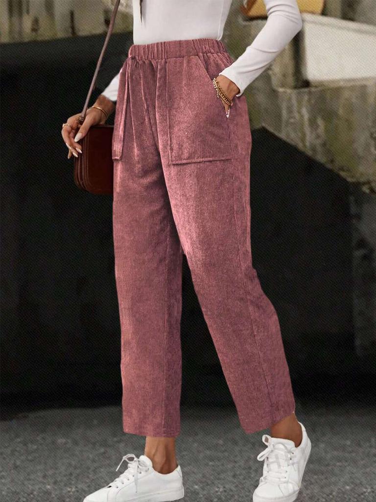 New Fall Women's Clothing Solid Elastic Waist Corduroy Pants Women Straight Leg Casual
