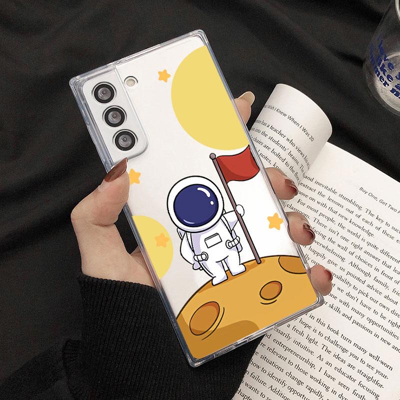 Transparente Hülle für Samsung Galaxy S22 S20 FE S21 S10 S9 Plus Note 20 Ultra 10 Lite 9 Weiche Handyhülle Niedlicher Cartoon Astronaut Planet