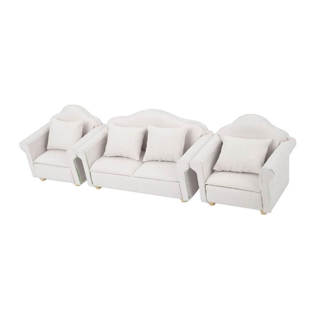 3Pcs 1:12 Mini Doll House Plaid Sofa Cushion Set Accessory Room Furniture ToyWhite