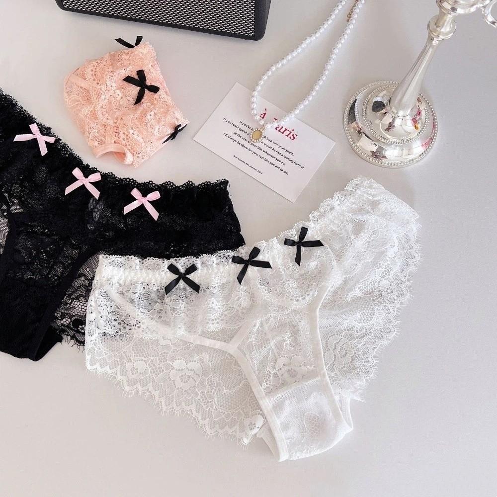 Japanese Style Thong for Women Low Waist Mini Bow Underpants Sweet Bowknot Lace Panties Female