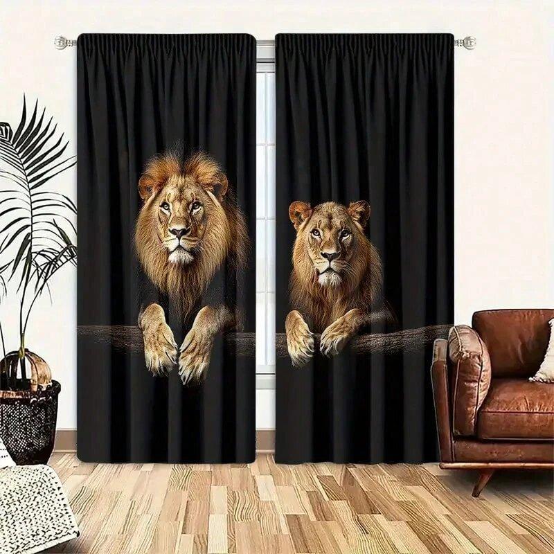 2 Pieces of Pure Lion Print Curtains   Pole Bag Curtains 42*84   Bedroom and Living Room   Home Decoration   Room Decoration
