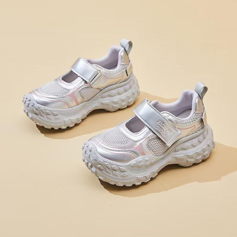 

Velcro sports sandals women s new summer breathable small thick-soled heightening hollow dad shoes 35 серебряный