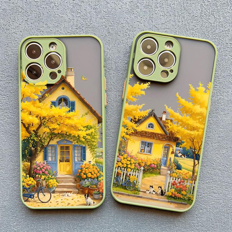 Hand Painted House scenery Phone Case For iPhone 13 12 11 Pro Max Mini 15 14 7 8 Plus Pro Max SE2 X XR XS Shockproof Matte Cover
