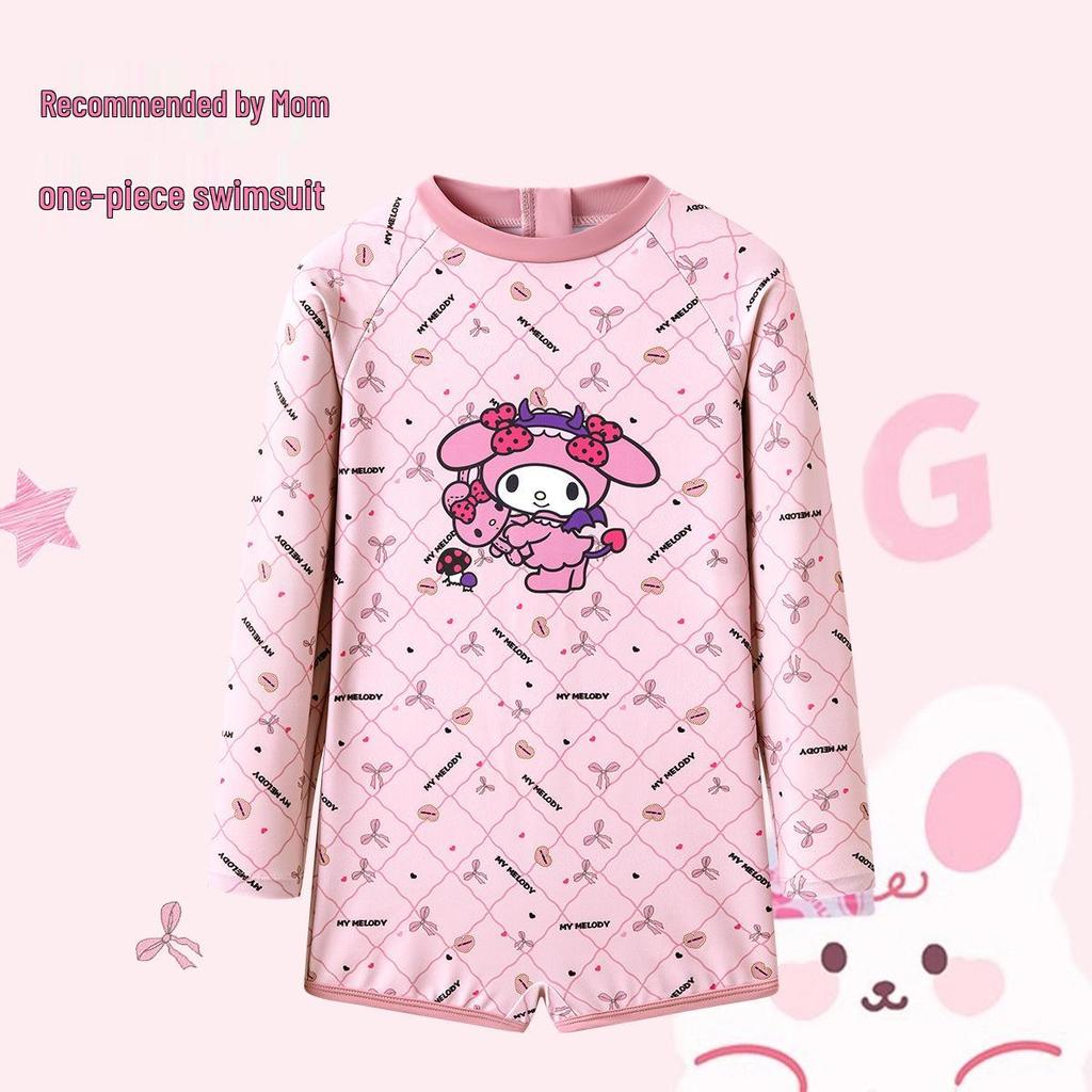 Kuromi Girls' Long Sleeve Sun Protection One-Piece Swimsuit for Kids - Professional Training Boxer Style