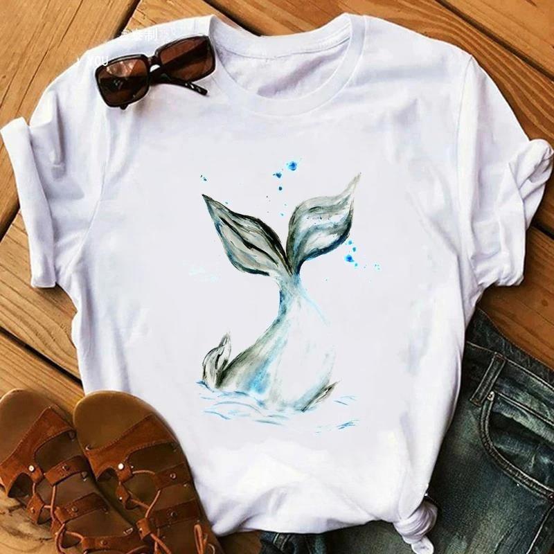 Wen Whale Printed Short Sleeved Tshirt White Watercolor Painting Faith Casual Versatile Neutral Top Home Casual Clothing