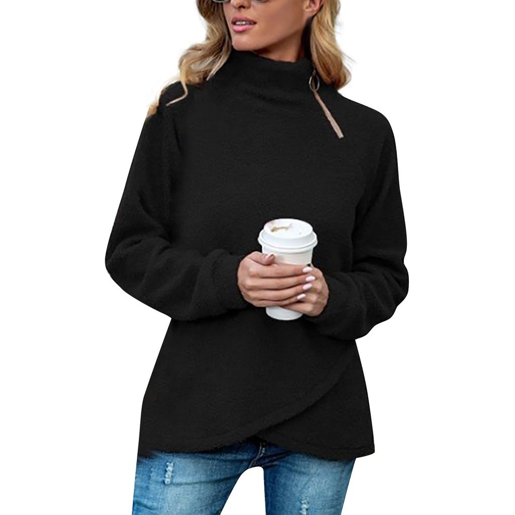 Women's Irregular High Neck Plush Casual Sweatshirt Zipper Loose Top