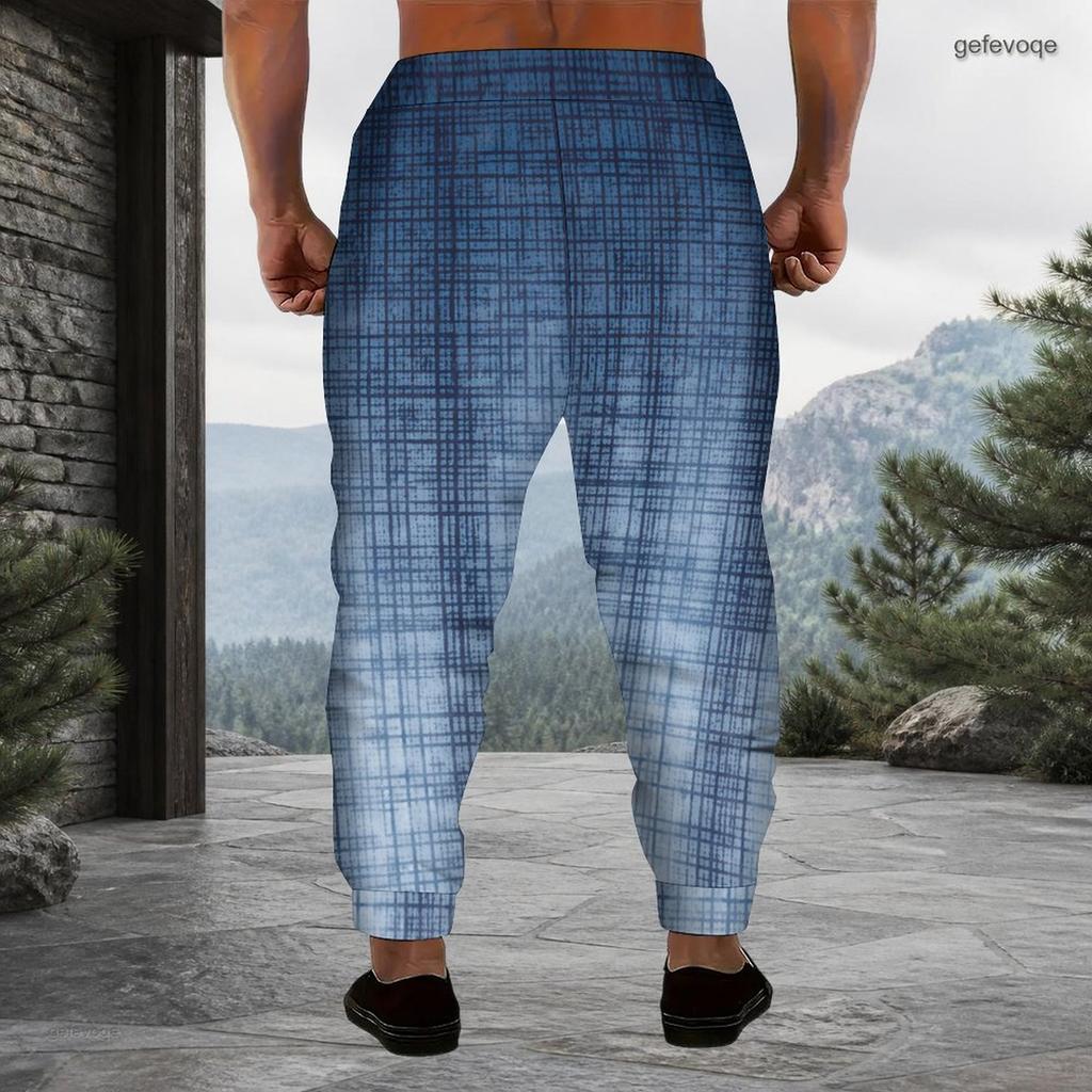 Men Plus Size Drawstring Printed Jogger Pants Teal White Black Striped Star Pattern Cuffed Ankle Side Pockets