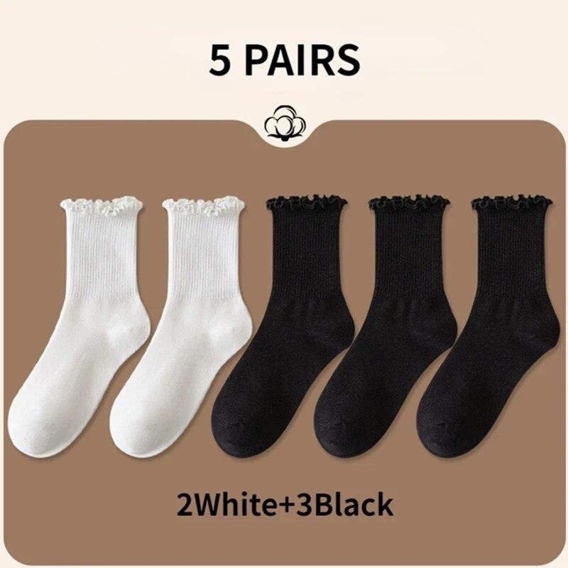 5 Paare /Los Socken für Damen Rüschen Mittelrohr Knöchel Kurz Atmungsaktiv Schwarz Weiß Set Frühling Herbst