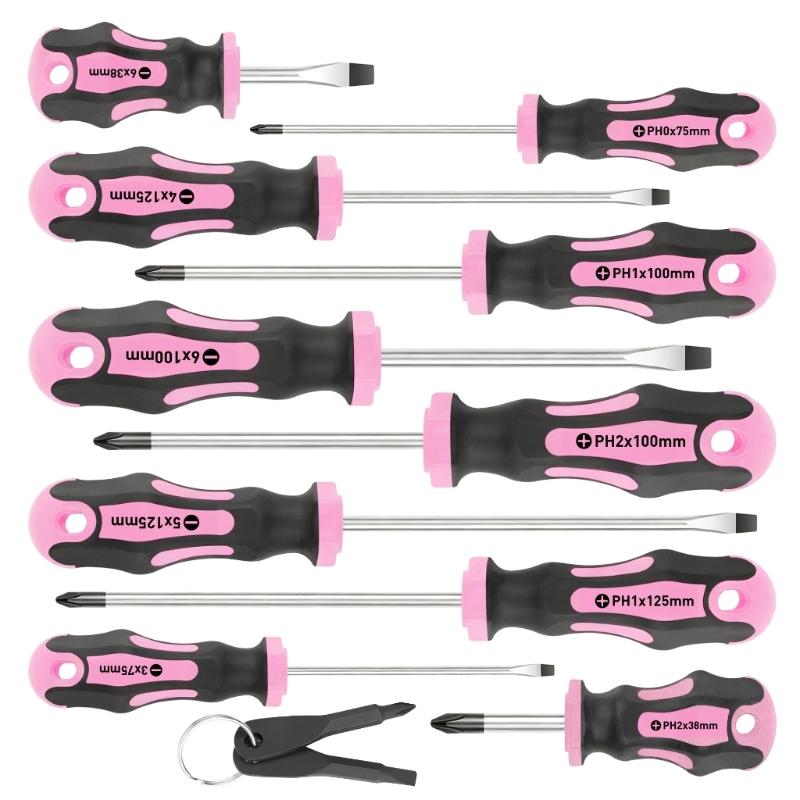 

Screwdriver Set 12 Part Ergonomic Pulls Storage Bucket розовый