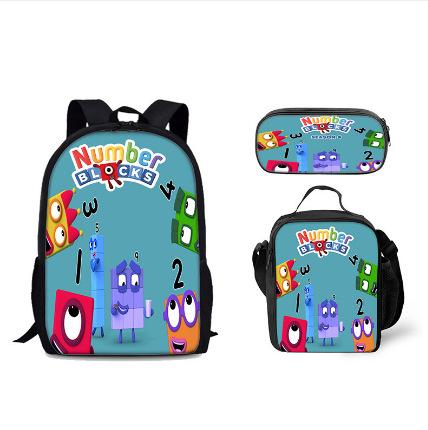 Digital Building Block Backpack Numberblocks Student Schoolbag Cartoon Backpack Satchel Pencil Case Three-Piece Set
