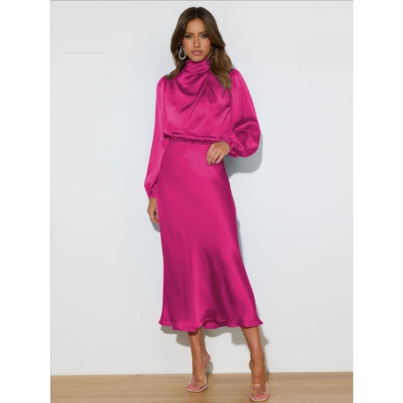 Sommer neues High-End Satin Langarm Promi Temperament Elegantes Damen Abendkleid Kleid