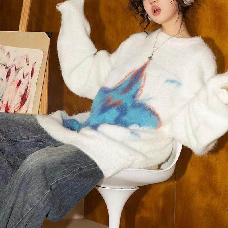 Women Pentagram White Sweater American Loose Round Neck Woman Knitted Sweaters Winter Versatile Comfortable Female Top