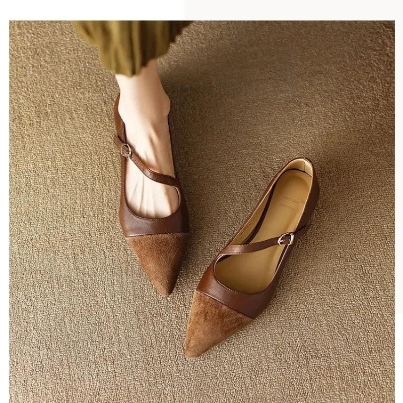 Fashion Vintage Brown Pointed Toe Mary Jane Shoes Women's 2025 New Spring Flat Heel Shoes