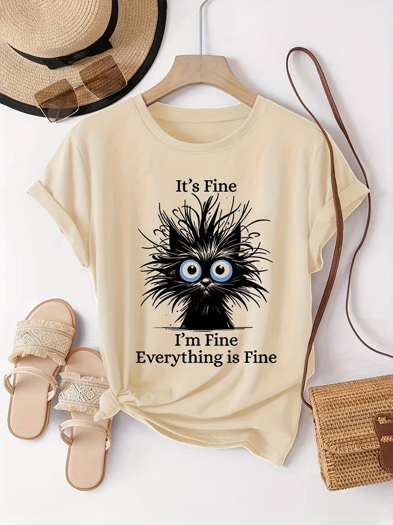 Womens Light Blue Casual Sleeve TShirt Its Fine Im Fine Everything Is Fine Sarcastic Cat Graphic Print Round Neck Summer