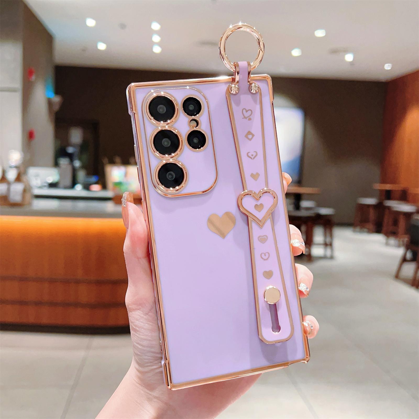 

For Samsung Galaxy S23 Ultra Case TPU Electroplating Love Heart Pattern Phone Cover Wrist Strap Holder Purple