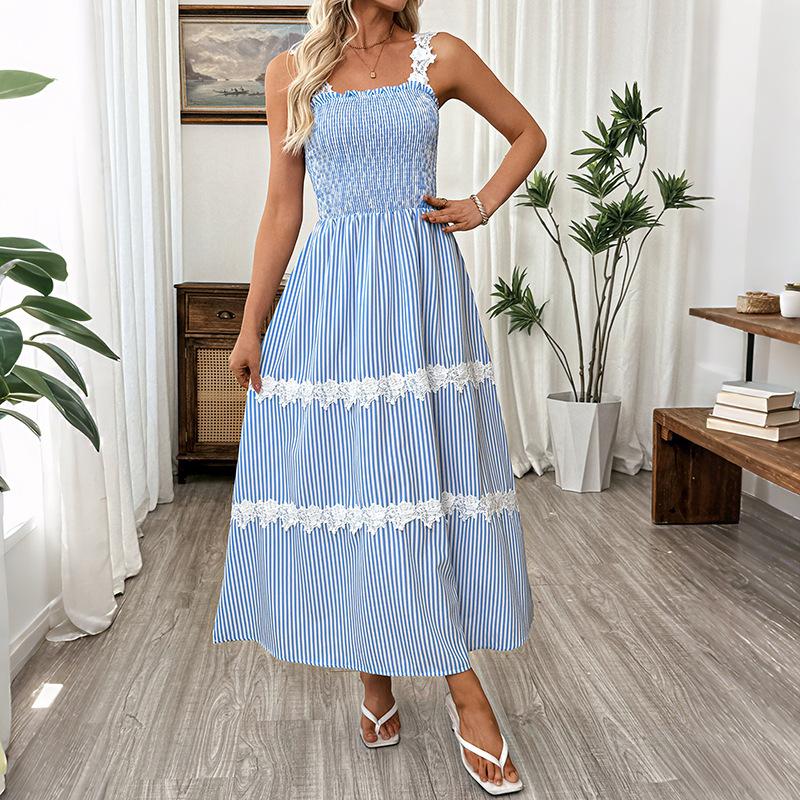 Womens Striped Lace Trim Spaghetti Strap Smocked Maxi Dress S