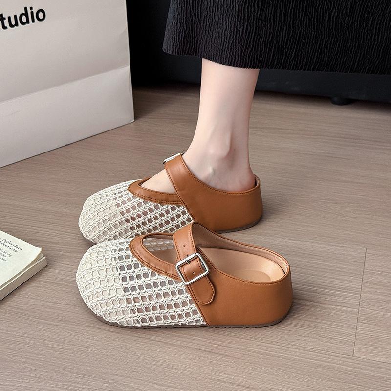 Women's Mesh Sandals Summer Flat Bottom Silver Buckle Round Head Slip-On Mary Jane Single Shoes Breathable Comfort Casual Shoes