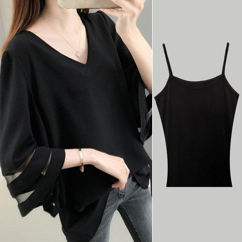 Elegante V-Ausschnitt-Bluse aus Chiffon mit ausgestellten Ärmeln und Gaze, Damenbekleidung, übergroße, lässige Pullover, süßes Hemd