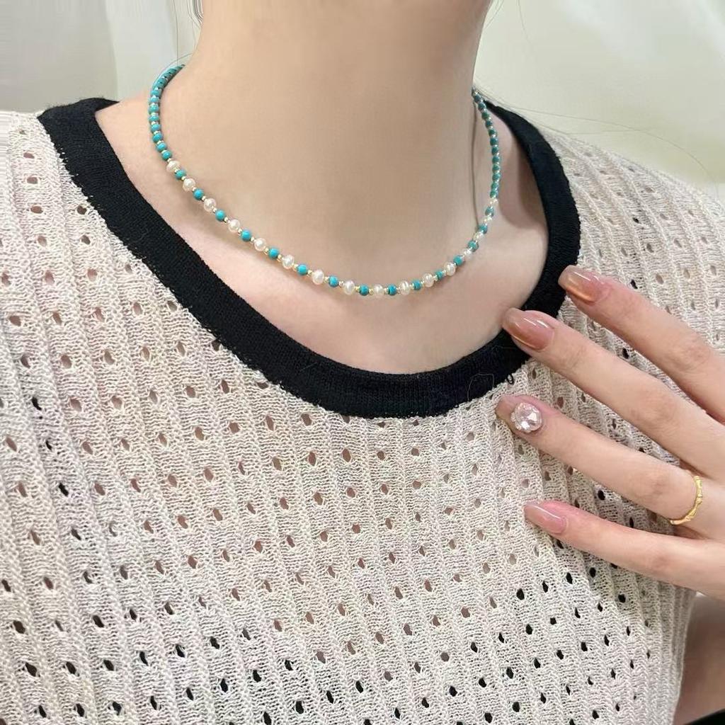 Turquoise natural freshwater pearl necklace female versatile high sense light luxury new Chinese dopamine beaded collarbone chain