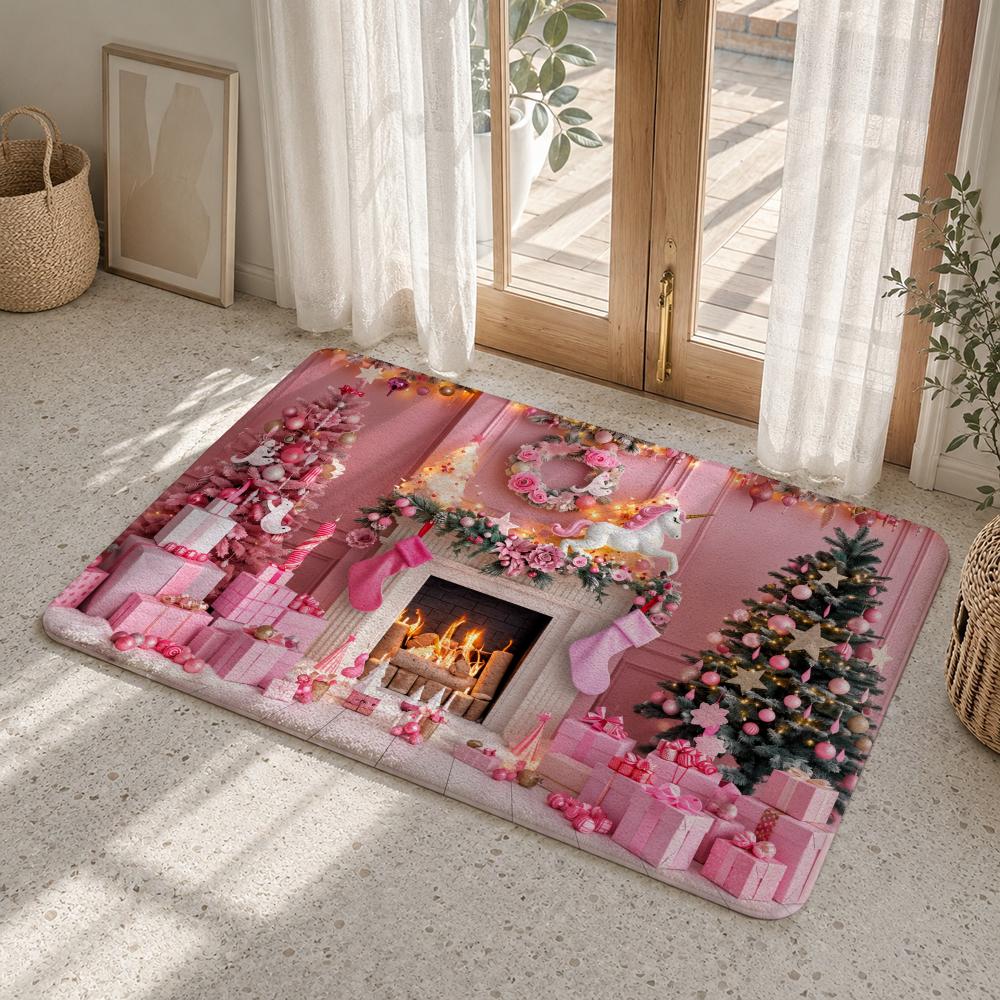 Christmas Fireplace Interior Scene Floor Mat Flannel Rug Soft Non Slip Washable Door Mat For Bathroom Bedroom Kitchen Home Decor