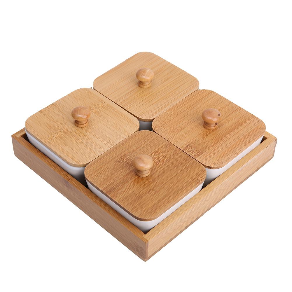 Ceramic Appetizer Serving Plate with Bamboo Tray Cover for Fruits Nuts Desserts (4-Compartment)