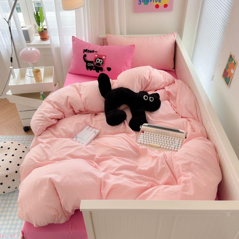 Korean Style Girl Heart Pink Cat Towel Embroidered With Washed Cotton Bedding Set Simple Bed Sheet Hat And Duvet Cover Set