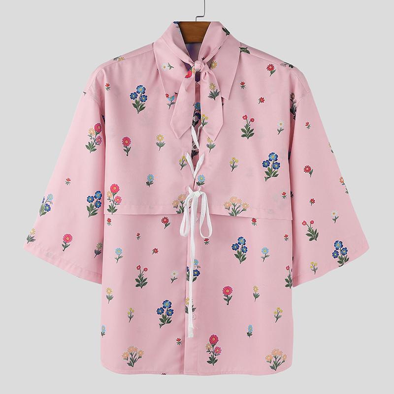 INCERUN Men Lapel Neck Short Sleeve Floral Print Lace-up Casual Hawaiian Summer Shirts