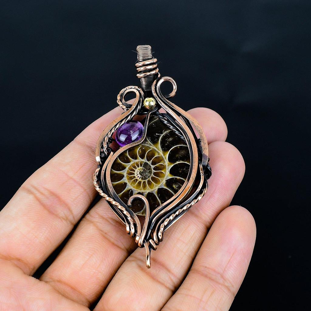 Ammonite Fossil & Amethyst 999 Copper Wire Wrapped Pendant, Handmade Gemstone Jewelry Pendant For Memorial Day