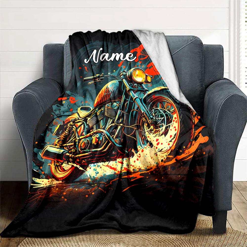 Motorcycle Flames Personalized Name Blanket With Customizable Name Four Seasons Comfortable Shawl Blanket Suitable For Home Travel Camping Office