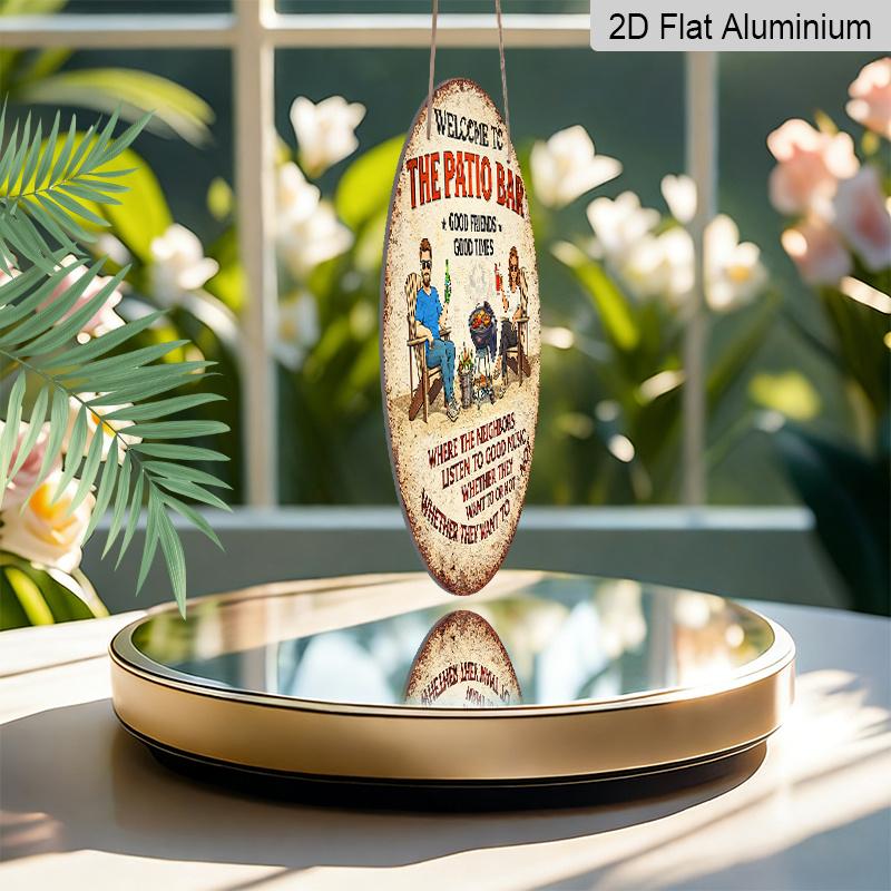 2D Flat, 1pc Round Aluminum Hanging Sign, "Welcome To The Patio Bar" Retro Metal Wall Plaque, Vintage BBQ & Friends Drinking Design, Ideal for