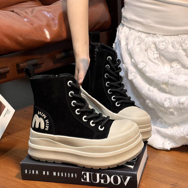 

[Fanfna] Round head lace-up muffin thick-soled Martin boots women s retro versatile small height-increasing casual short boots 40 чорний