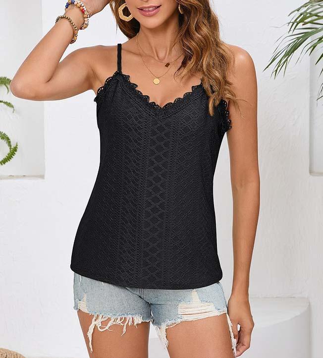 Women's V Neck Sleeveless Cami Top Slim Fit Hollow Lace Trim Spaghetti Strap Tank Top