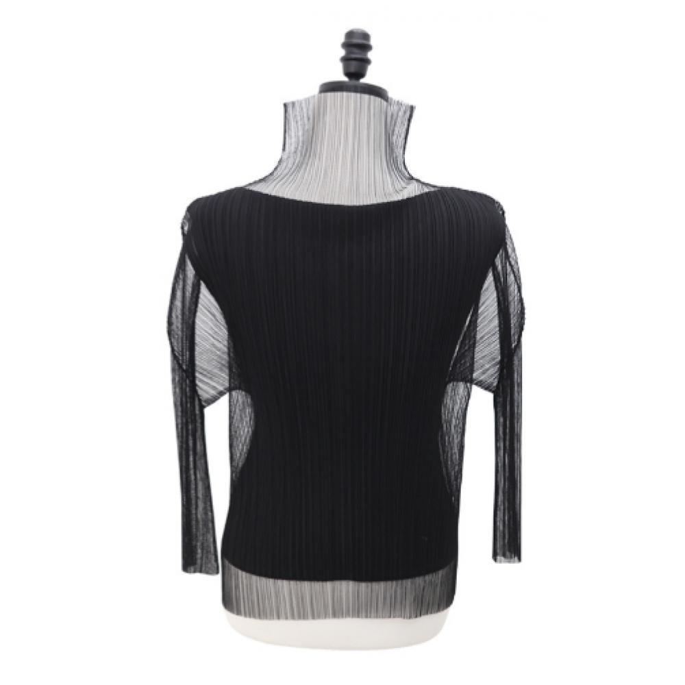 Shiz Madam Sheer Pleats High Neck 3 4 Sleeve Blouse T57504